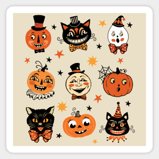 Vintage Halloween Folk Art Retro Pumpkins and Cats Sticker